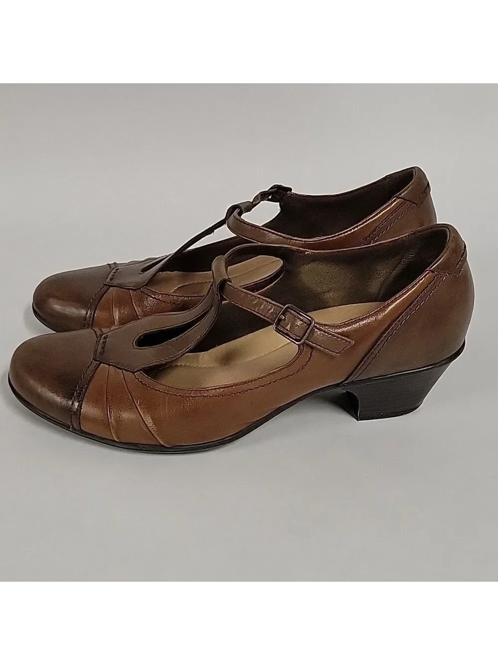 Women's Earth Wanderlust Retro Flapper Light/Dark Brown Leather Heels, Size 12B
